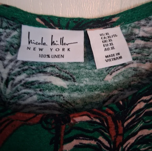 Nicole Miller Green Palm Print 100% Linen Top. Size XL - Picture 3 of 6